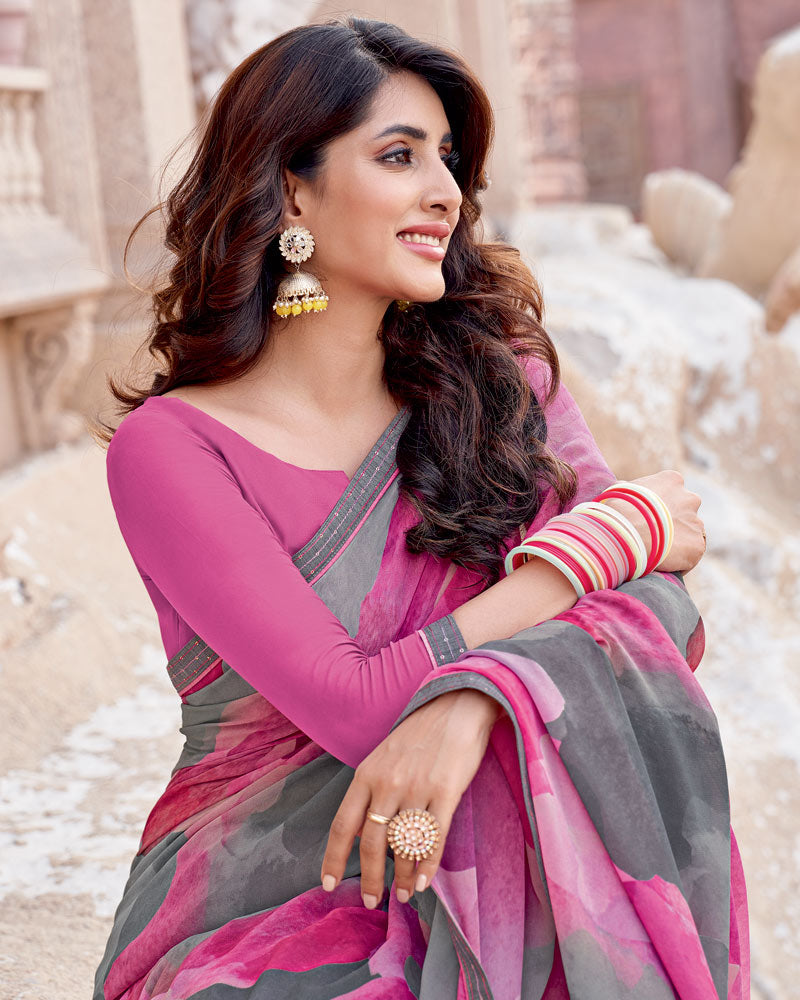 Vishal Prints Light Magenta Digital Print Georgette Saree With Fancy Border