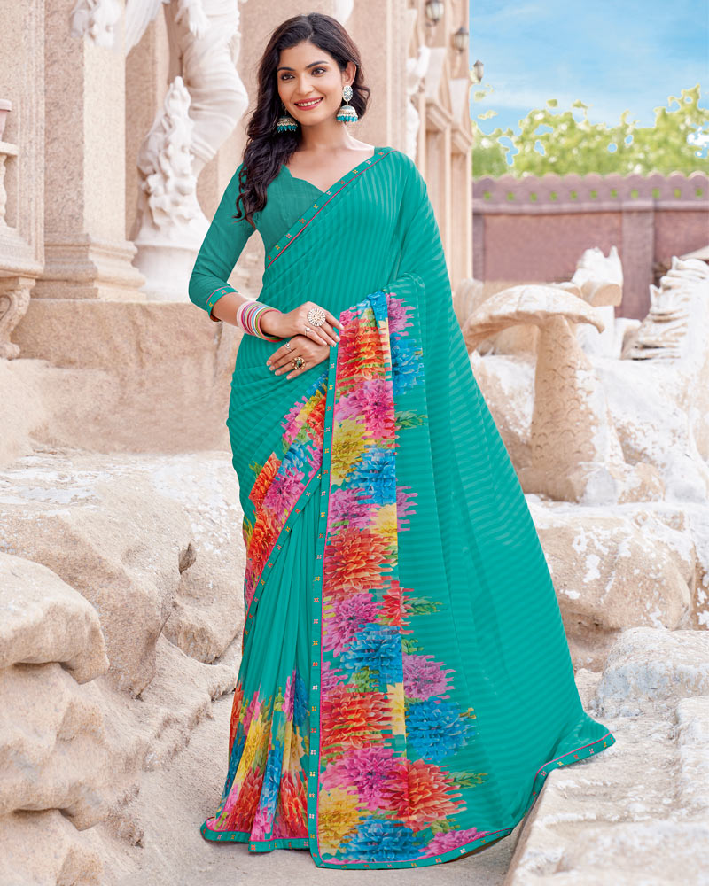 Vishal Prints Persian Green Digital Print Georgette Saree With Fancy Border