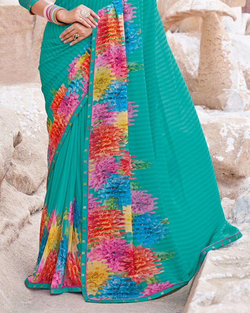 Vishal Prints Persian Green Digital Print Georgette Saree With Fancy Border