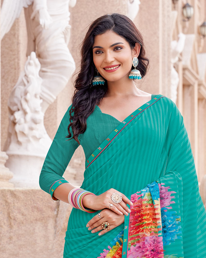 Vishal Prints Persian Green Digital Print Georgette Saree With Fancy Border