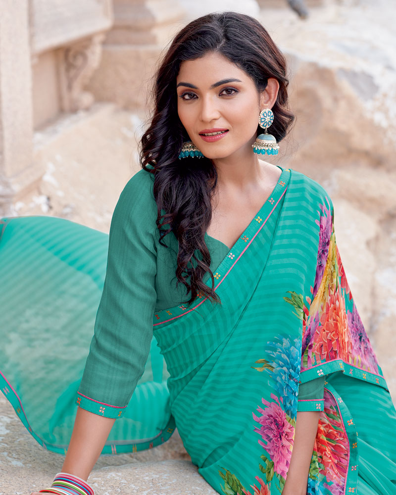 Vishal Prints Persian Green Digital Print Georgette Saree With Fancy Border