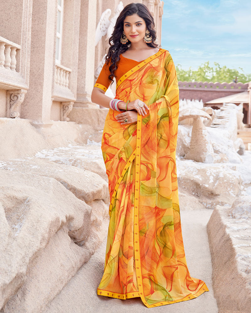 Vishal Prints Pale Orange Digital Print Georgette Saree With Fancy Border