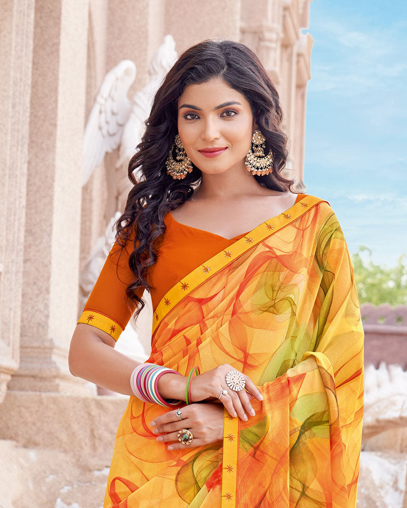 Vishal Prints Pale Orange Digital Print Georgette Saree With Fancy Border