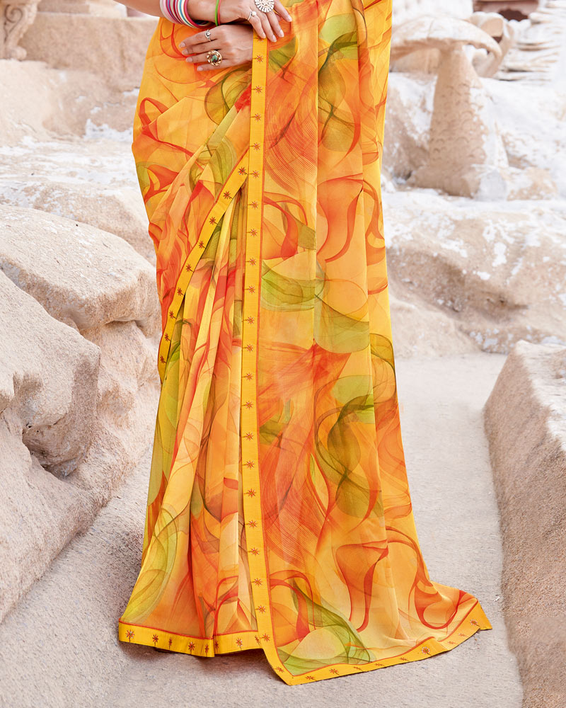 Vishal Prints Pale Orange Digital Print Georgette Saree With Fancy Border