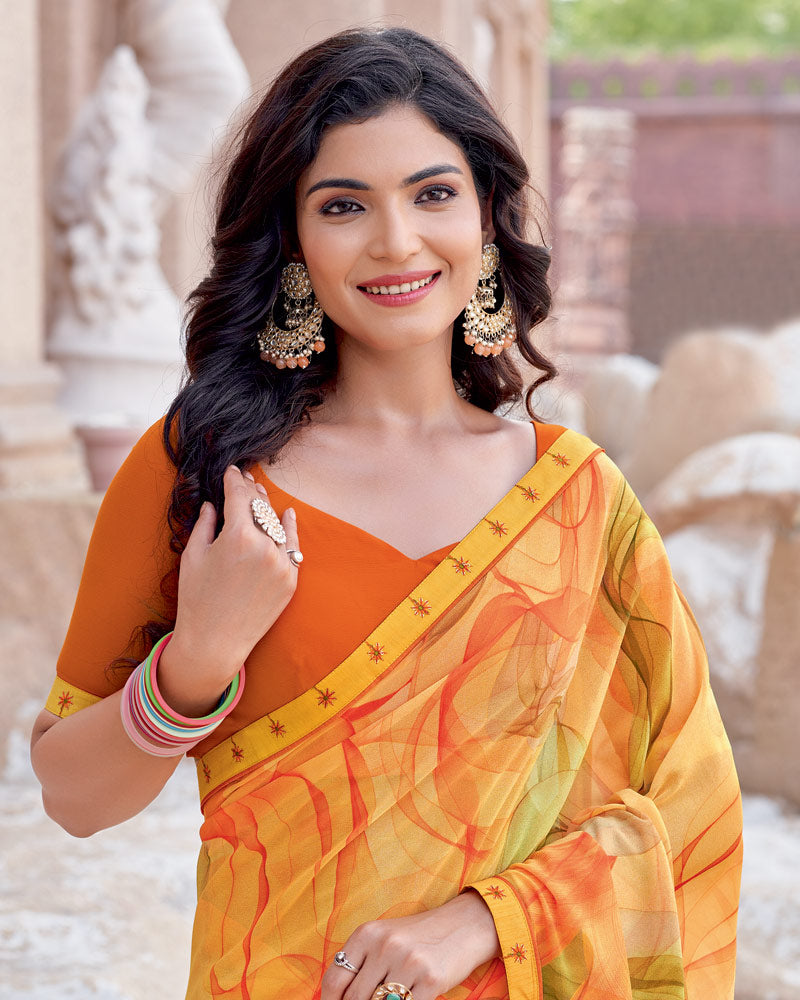 Vishal Prints Pale Orange Digital Print Georgette Saree With Fancy Border