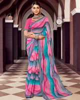 Vishal Prints Rosy Pink And Teal Green Digital Print Georgette Saree With Fancy Border