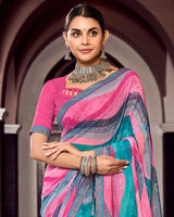Vishal Prints Rosy Pink And Teal Green Digital Print Georgette Saree With Fancy Border