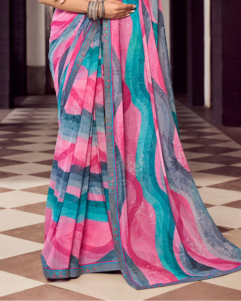 Vishal Prints Rosy Pink And Teal Green Digital Print Georgette Saree With Fancy Border