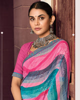 Vishal Prints Rosy Pink And Teal Green Digital Print Georgette Saree With Fancy Border