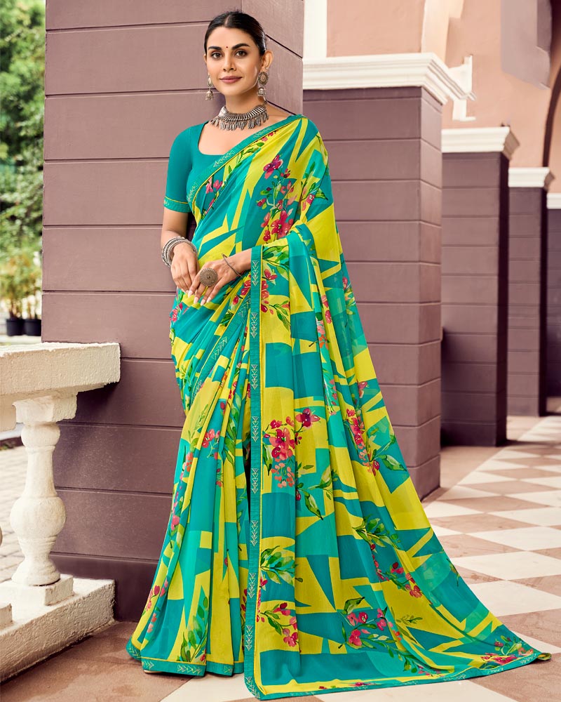 Vishal Prints Olive Yellow And Persian Green Digital Print Georgette Saree With Fancy Border
