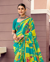 Vishal Prints Olive Yellow And Persian Green Digital Print Georgette Saree With Fancy Border