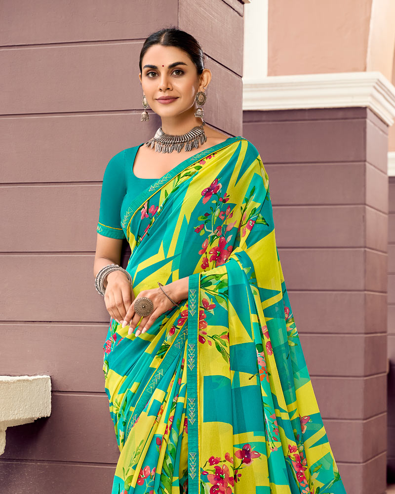 Vishal Prints Olive Yellow And Persian Green Digital Print Georgette Saree With Fancy Border