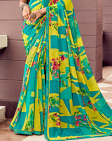 Vishal Prints Olive Yellow And Persian Green Digital Print Georgette Saree With Fancy Border