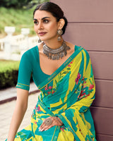 Vishal Prints Olive Yellow And Persian Green Digital Print Georgette Saree With Fancy Border