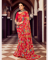 Vishal Prints Lava Red Digital Print Georgette Saree With Fancy Border