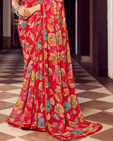Vishal Prints Lava Red Digital Print Georgette Saree With Fancy Border