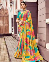 Vishal Prints Yellowish Orange Digital Print Georgette Saree With Fancy Border