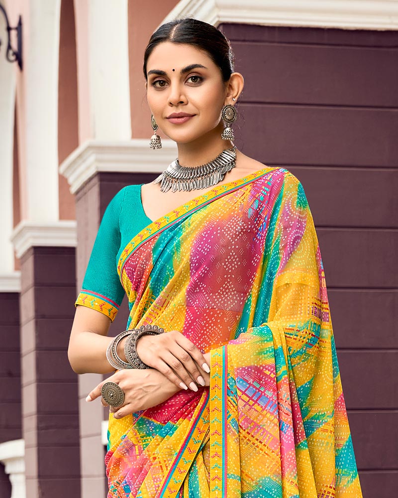 Vishal Prints Yellowish Orange Digital Print Georgette Saree With Fancy Border