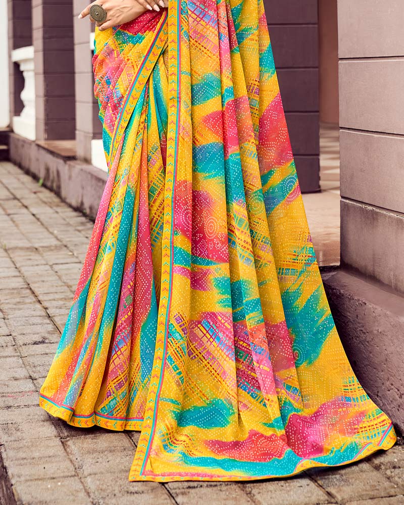 Vishal Prints Yellowish Orange Digital Print Georgette Saree With Fancy Border