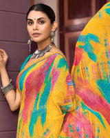 Vishal Prints Yellowish Orange Digital Print Georgette Saree With Fancy Border