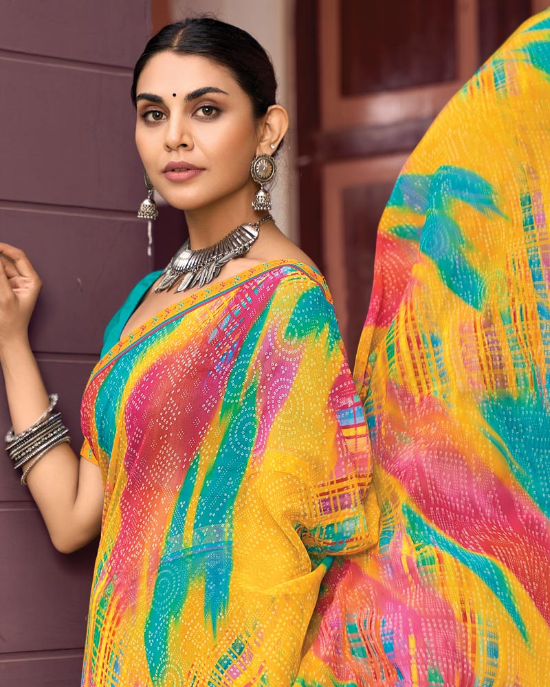 Vishal Prints Yellowish Orange Digital Print Georgette Saree With Fancy Border