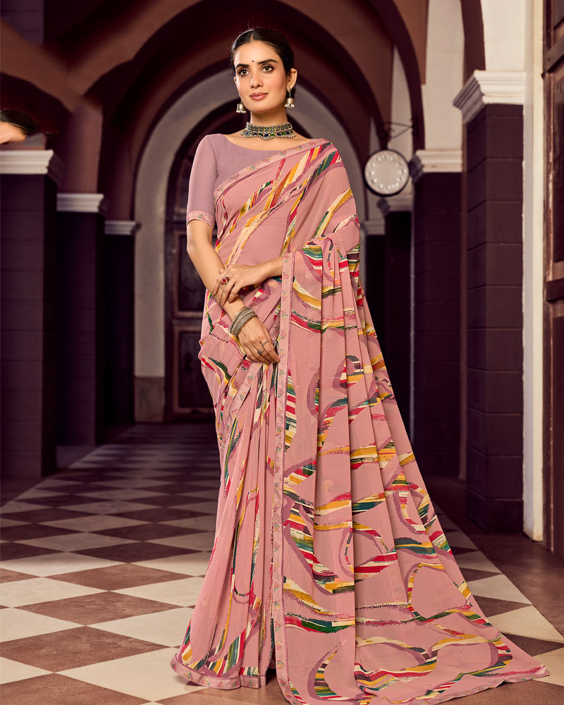 Vishal Prints Dusty Oriental Pink Digital Print Georgette Saree With Fancy Border