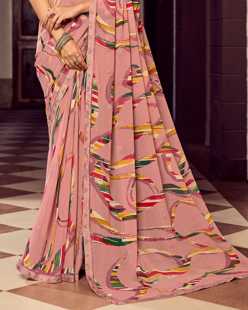 Vishal Prints Dusty Oriental Pink Digital Print Georgette Saree With Fancy Border