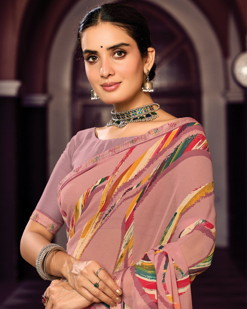 Vishal Prints Dusty Oriental Pink Digital Print Georgette Saree With Fancy Border