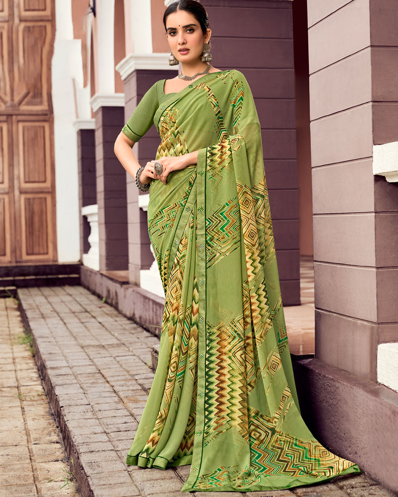 Vishal Prints Light Olive Green Digital Print Georgette Saree With Fancy Border