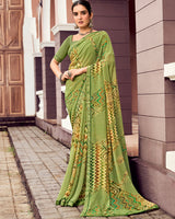 Vishal Prints Light Olive Green Digital Print Georgette Saree With Fancy Border