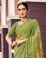 Vishal Prints Light Olive Green Digital Print Georgette Saree With Fancy Border