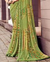 Vishal Prints Light Olive Green Digital Print Georgette Saree With Fancy Border