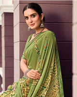Vishal Prints Light Olive Green Digital Print Georgette Saree With Fancy Border