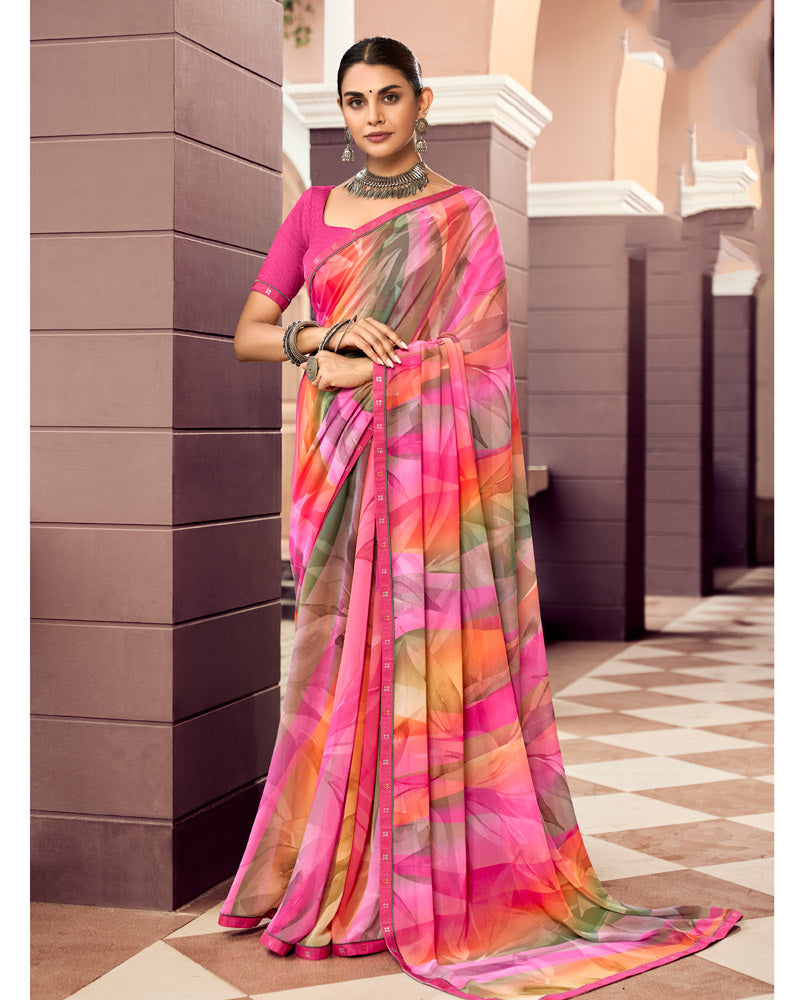 Vishal Prints Persian Pink And Light Coral Digital Print Georgette Saree With Fancy Border
