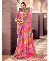Vishal Prints Persian Pink And Light Coral Digital Print Georgette Saree With Fancy Border