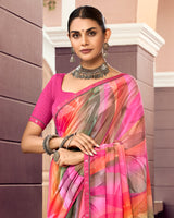 Vishal Prints Persian Pink And Light Coral Digital Print Georgette Saree With Fancy Border