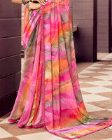 Vishal Prints Persian Pink And Light Coral Digital Print Georgette Saree With Fancy Border