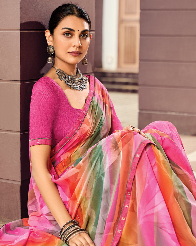 Vishal Prints Persian Pink And Light Coral Digital Print Georgette Saree With Fancy Border