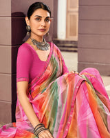 Vishal Prints Persian Pink And Light Coral Digital Print Georgette Saree With Fancy Border