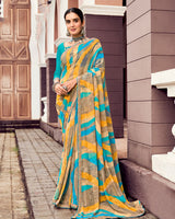 Vishal Prints Tulip Yellow And Light Brown Digital Print Georgette Saree With Fancy Border