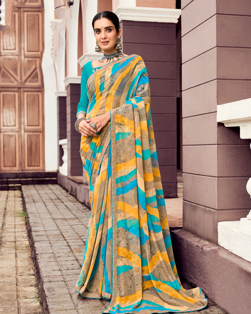 Vishal Prints Tulip Yellow And Light Brown Digital Print Georgette Saree With Fancy Border