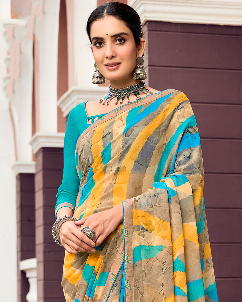 Vishal Prints Tulip Yellow And Light Brown Digital Print Georgette Saree With Fancy Border
