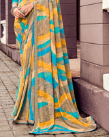 Vishal Prints Tulip Yellow And Light Brown Digital Print Georgette Saree With Fancy Border