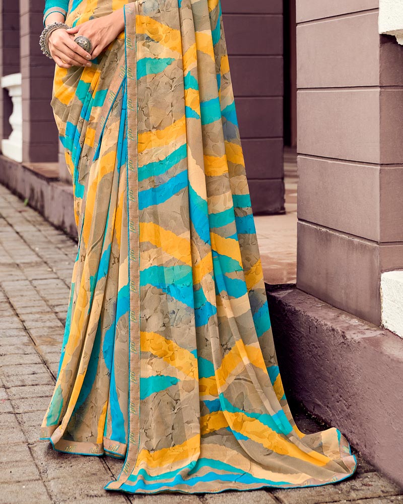 Vishal Prints Tulip Yellow And Light Brown Digital Print Georgette Saree With Fancy Border