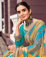 Vishal Prints Tulip Yellow And Light Brown Digital Print Georgette Saree With Fancy Border