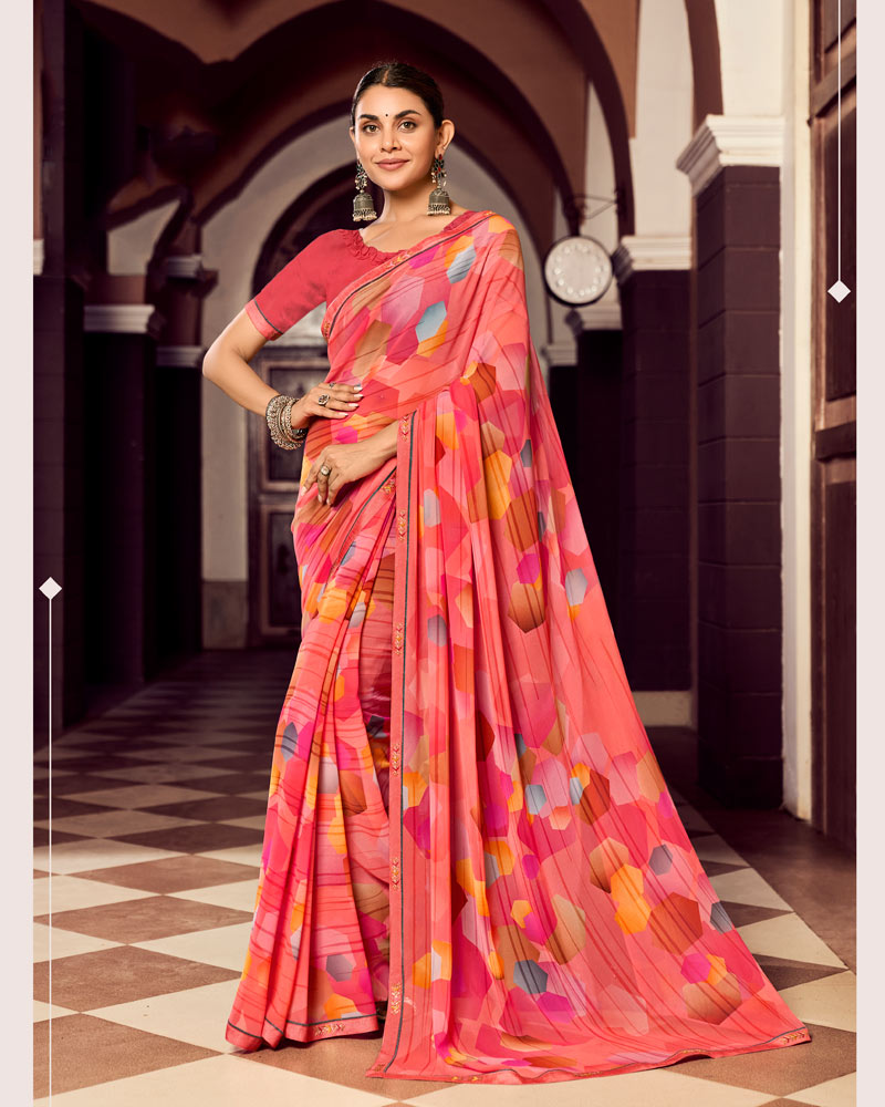 Vishal Prints Salmon Pink Digital Print Georgette Saree With Fancy Border