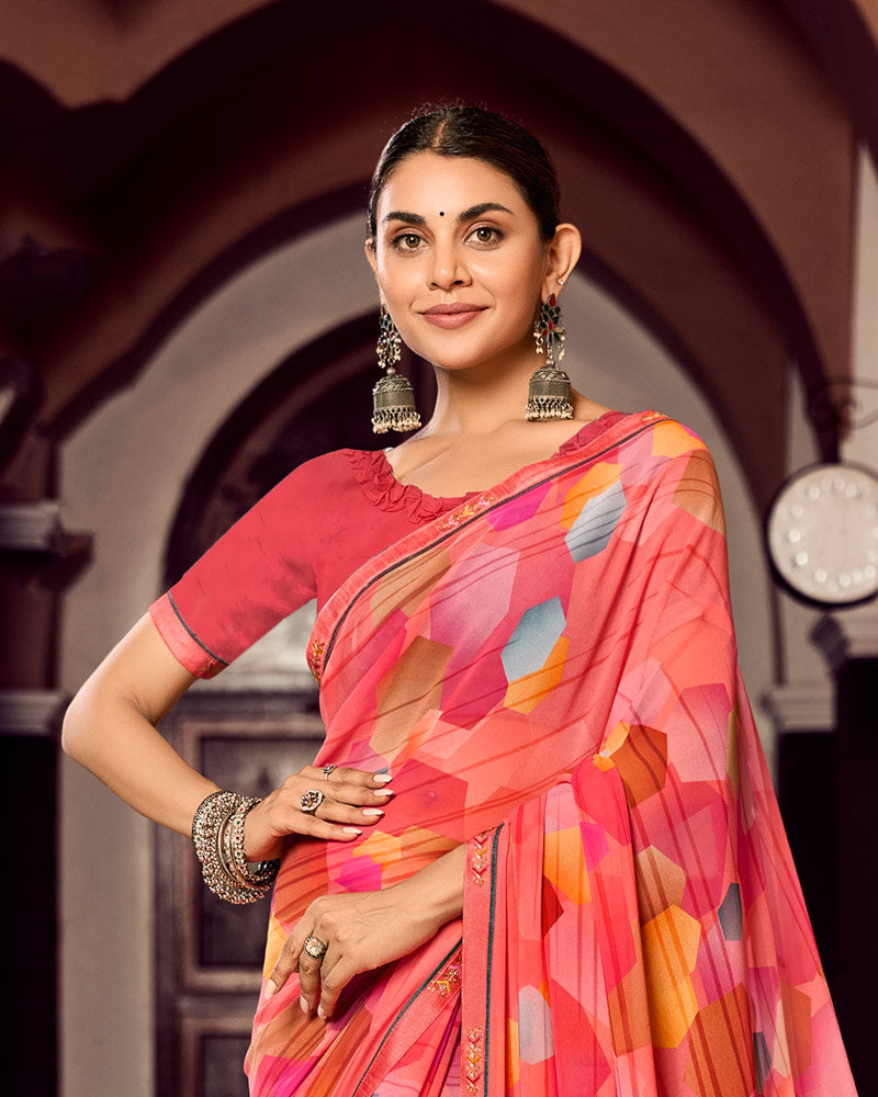 Vishal Prints Salmon Pink Digital Print Georgette Saree With Fancy Border