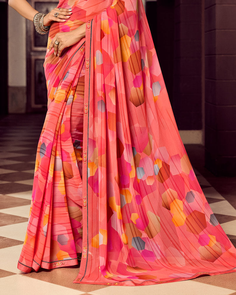 Vishal Prints Salmon Pink Digital Print Georgette Saree With Fancy Border