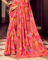 Vishal Prints Salmon Pink Digital Print Georgette Saree With Fancy Border