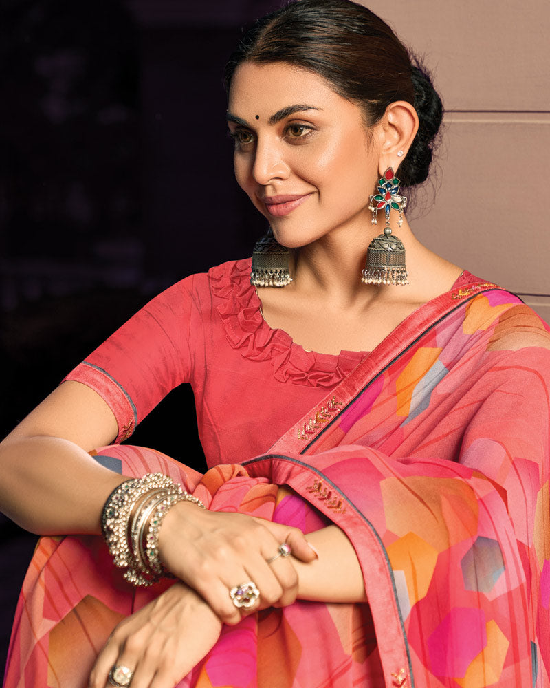Vishal Prints Salmon Pink Digital Print Georgette Saree With Fancy Border